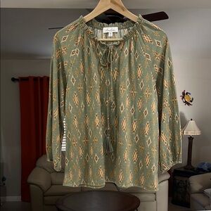Anneliese Bohemian Green Top with Geometric Pattern Size M
